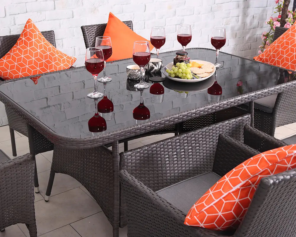 6 Seater Rectangular Stacking Dining Set 150x90cm Table with Black Glass Top, 6 Stacking Nest Base Chairs including Cushions For The Home Interiors