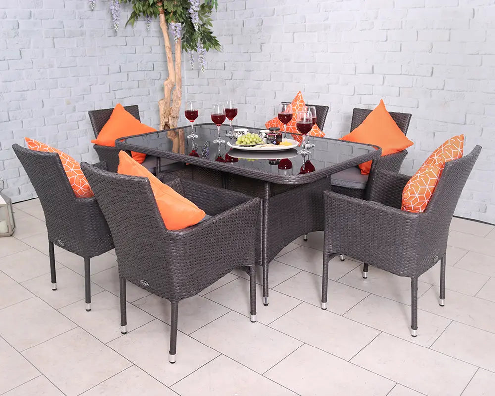 6 Seater Rectangular Stacking Dining Set 150x90cm Table with Black Glass Top, 6 Stacking Nest Base Chairs including Cushions For The Home Interiors