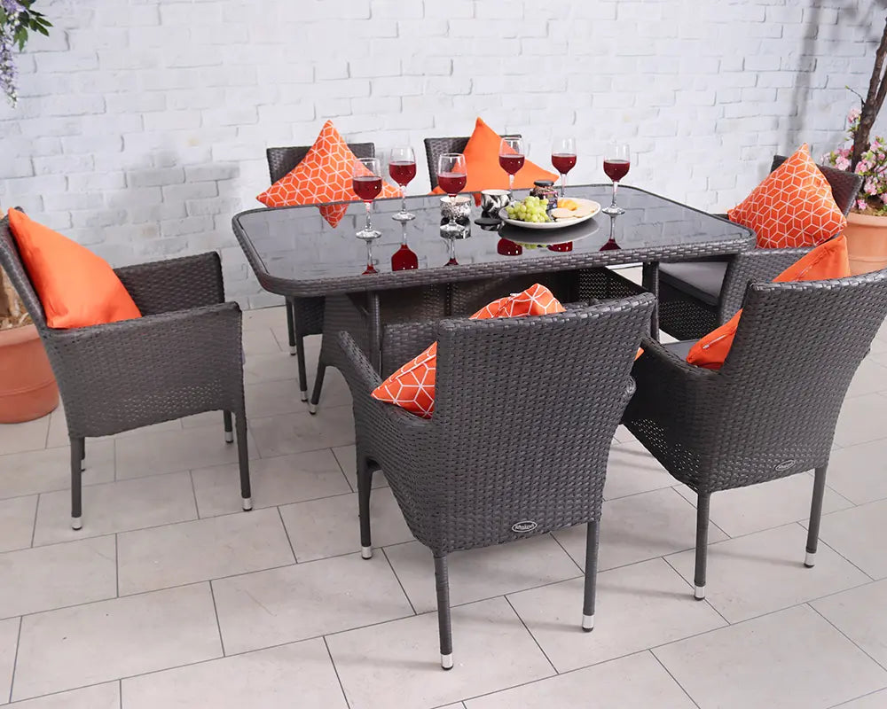 6 Seater Rectangular Stacking Dining Set 150x90cm Table with Black Glass Top, 6 Stacking Nest Base Chairs including Cushions For The Home Interiors