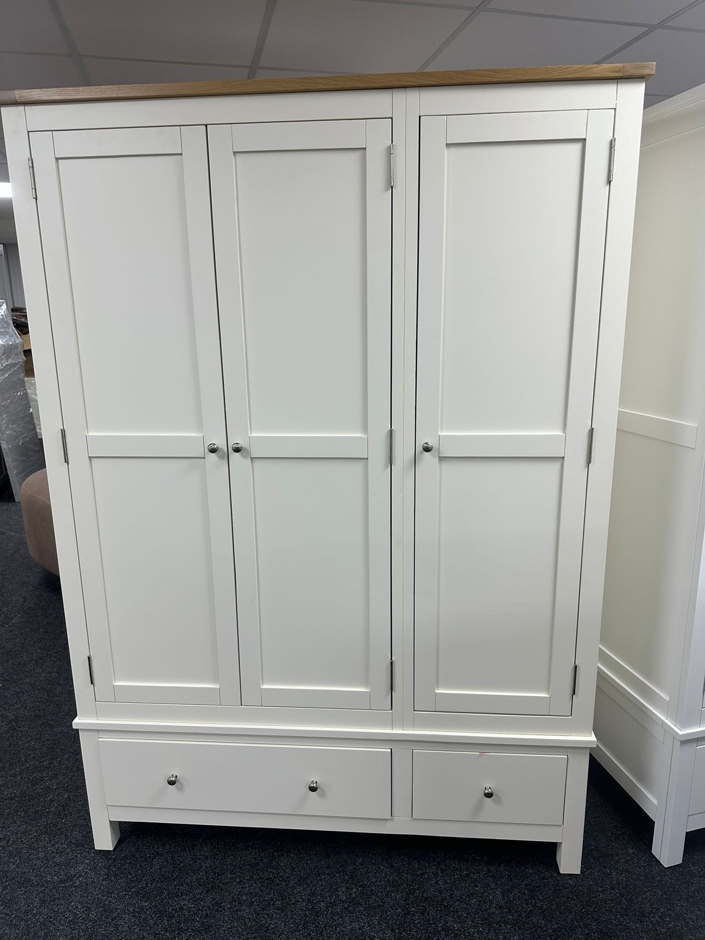 Cream 3 Door Wardrobe With Oak Top