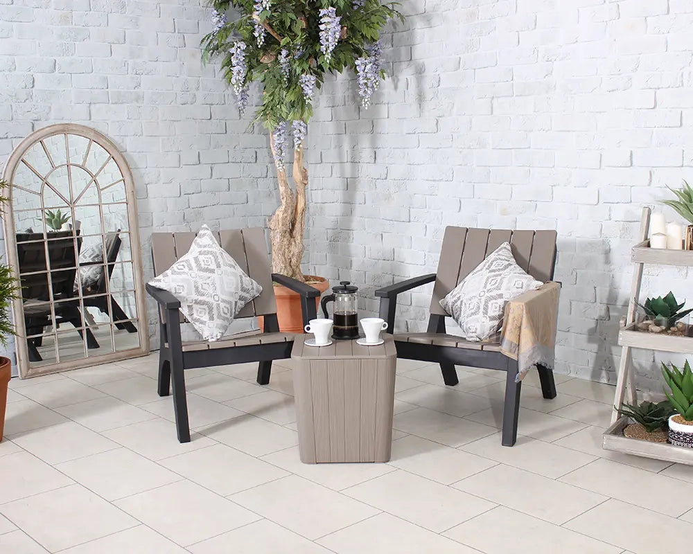 Relax 3pcs Bistro Set - Slatted Wood Grain effect - 2 Arm chairs & 1 Coffee Table For The Home Interiors