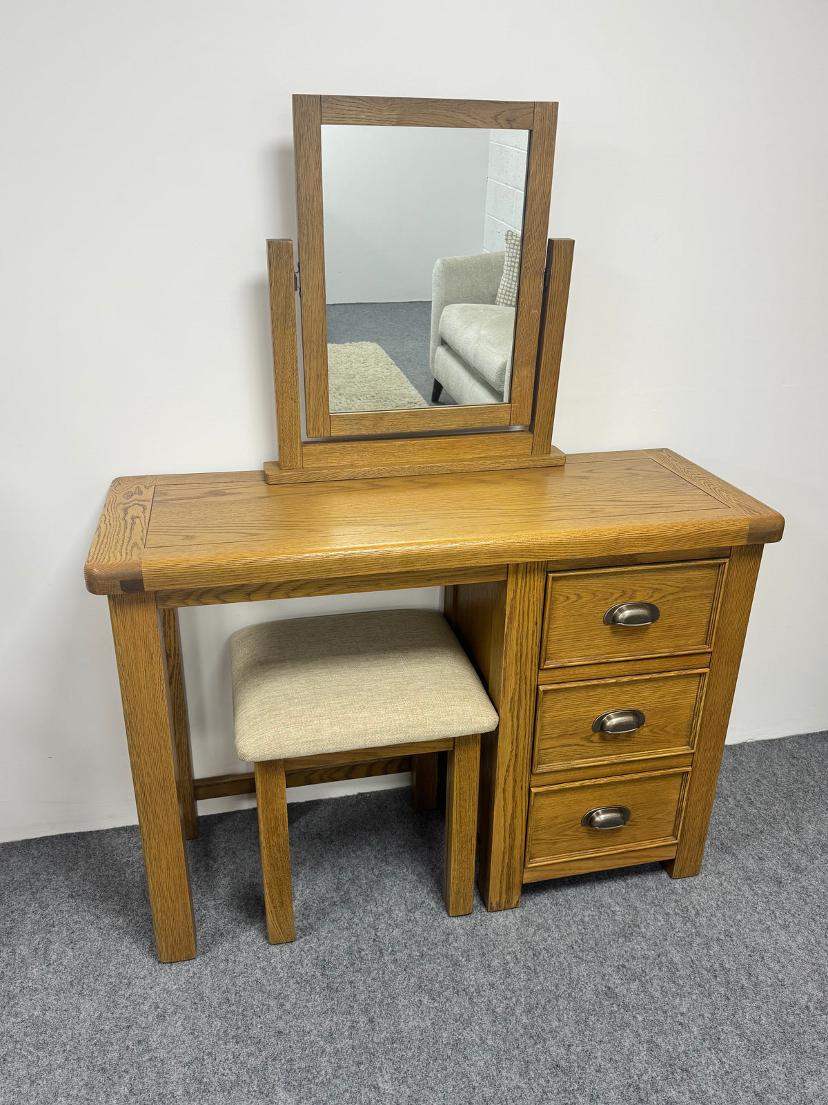Oak Dressing Table, Mirror & Stool Set