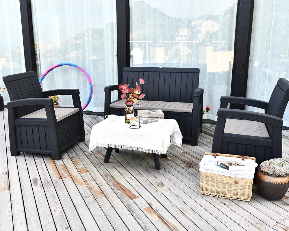4 Seater Conversation Set - 1 Two Seater Sofa, 2 Arm Chairs and Black Table For The Home Interiors