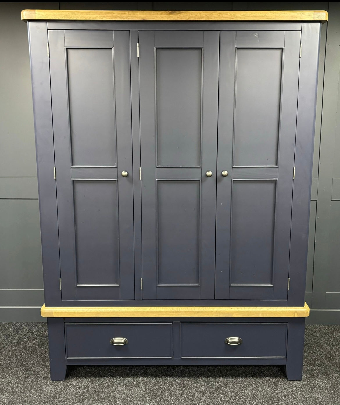 Dark Blue 3 Door Wardrobe With Oak Top For The Home Interiors