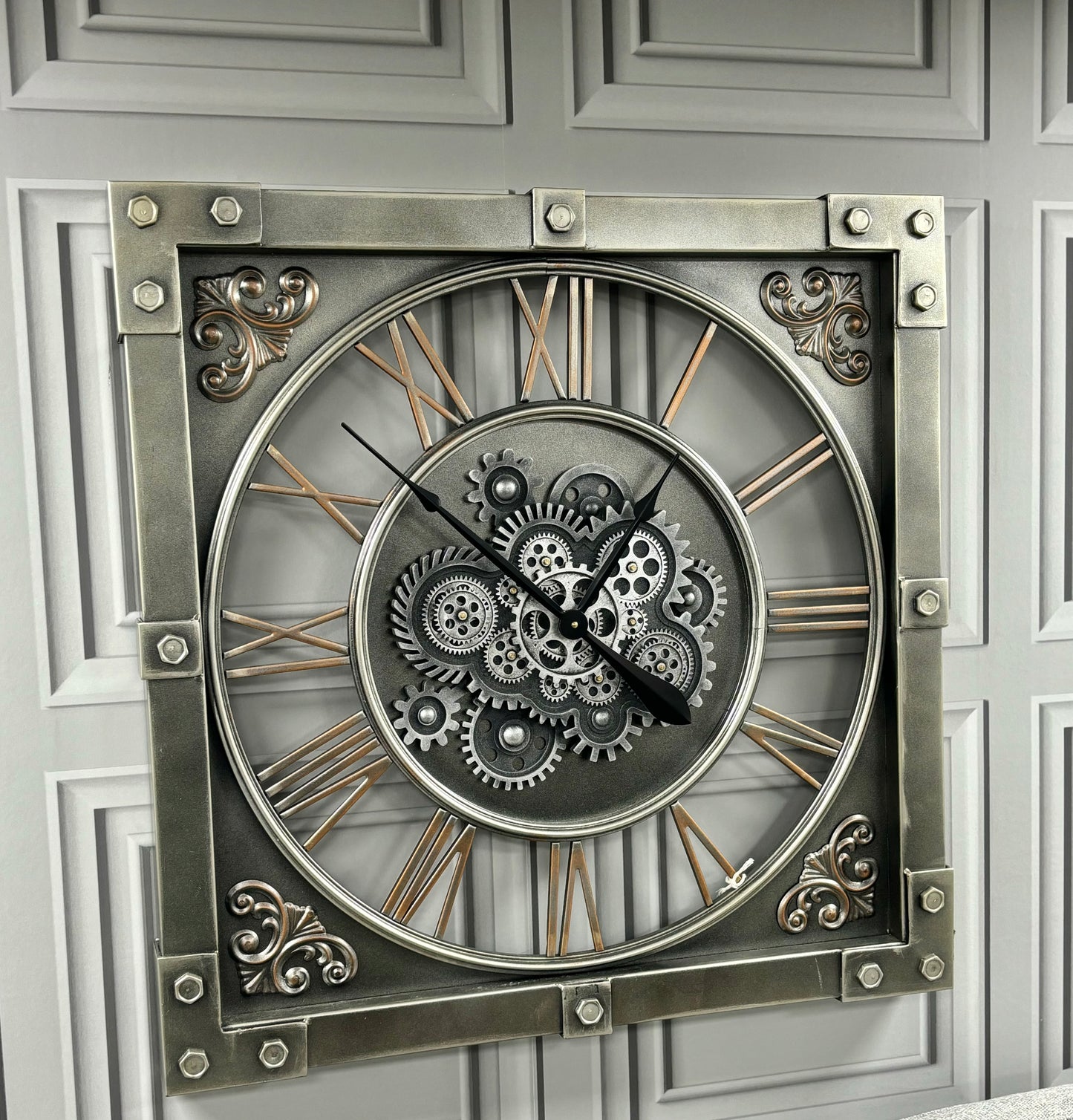 Silver Industrial Square Clock