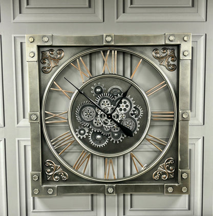 Silver Industrial Square Clock