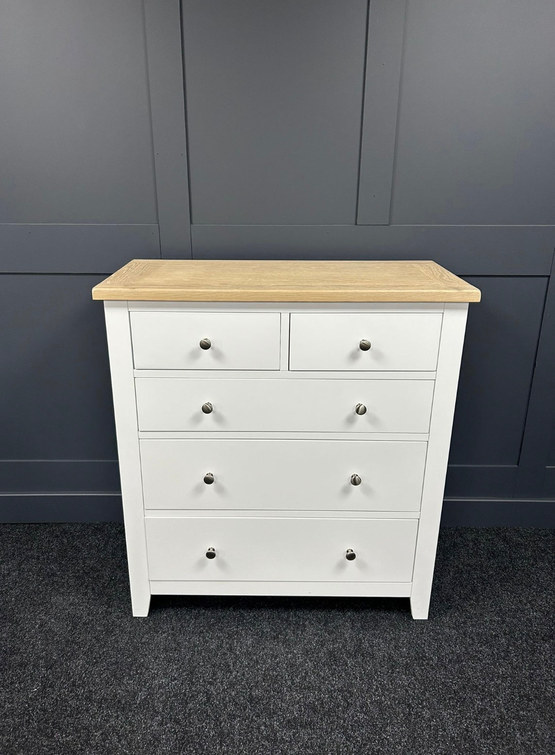 White 2 Over 3 Chest Of Drawers With Oak Top